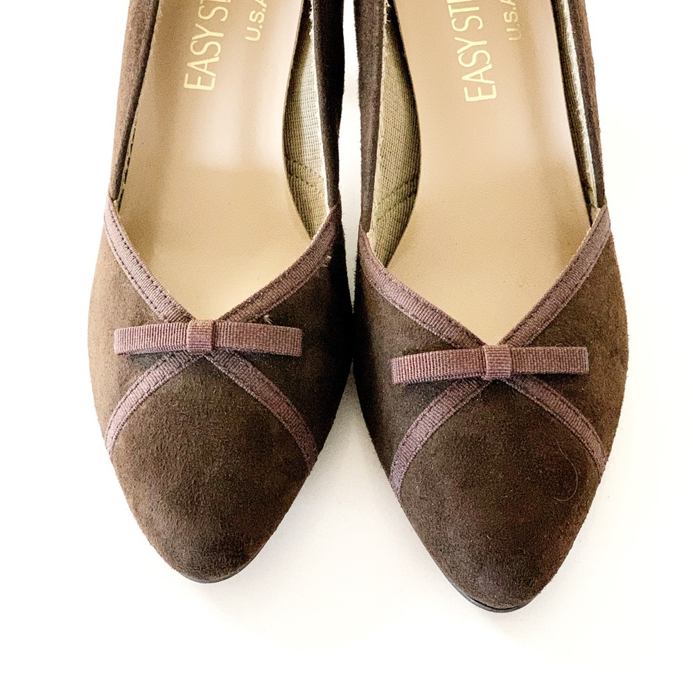 👠 EASY STREET Comfortable Brown Suede Leather Low Heel Bow Pumps NEW - Picture 5 of 10